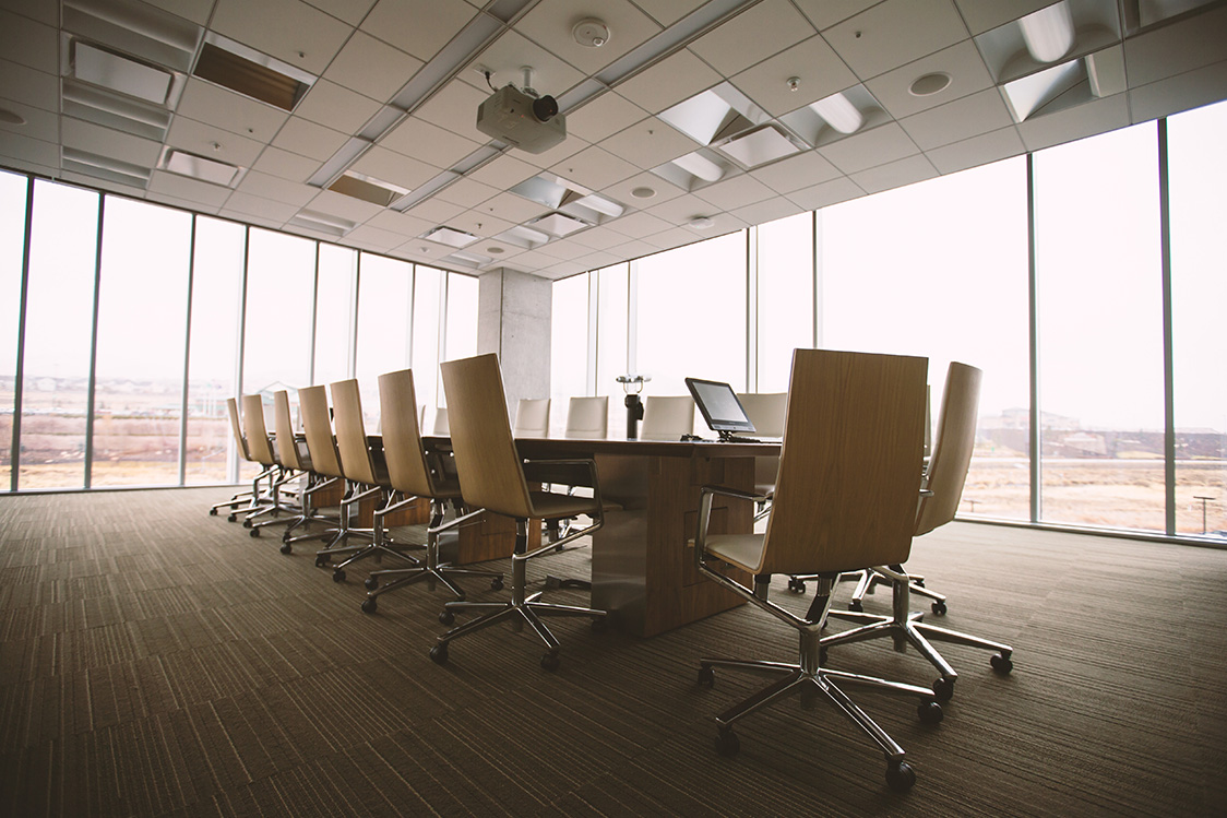 Meeting room with tall windows